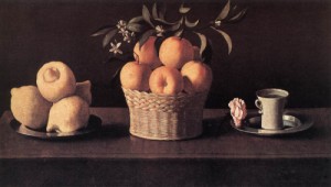 Oil still-life Painting - Still-life with Lemons, Oranges and Rose by Zurbaran Francisco de