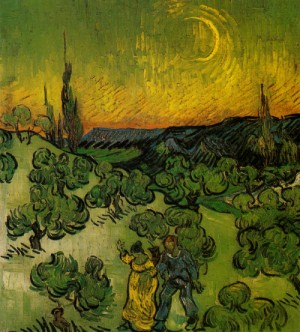Oil landscape Painting - Landscape with Couple Walking and a Crescent Moon by Vincent ，Van Gogh