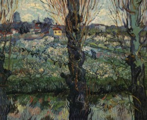 Oil in bloom Painting - Orchard in Bloom with Poplars    1889 by Vincent ，Van Gogh