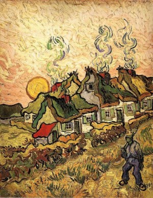 Oil Painting - Thatched Cottages in the Sunshine - Reminiscence of the Nort by Vincent ，Van Gogh