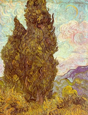 Oil Painting - Two Cypresses, 1889, by Vincent ，Van Gogh