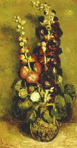 Oil still life Painting - Vase with Hollyhocks,1886 by Vincent ，Van Gogh