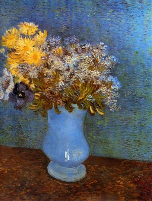 Oil Painting - Vase with Lilacs, Daisies and Anemones by Vincent ，Van Gogh