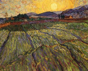 Oil Painting - Wheat Field with Rising Sun    1889 by Vincent ，Van Gogh
