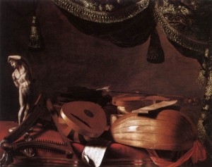 Oil baschenis, evaristo Painting - Still-Life with Musical Instruments and a Small Classical Statue  c. 1645 by Baschenis, Evaristo