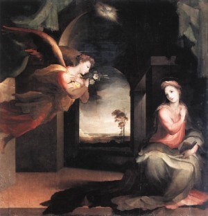 Oil annunciation Painting - The Annunciation  c. 1545 by Beccafumi, Domenico
