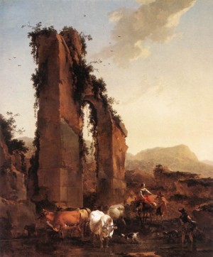 Oil berchem, nicolaes Painting - Peasants with Cattle by a Ruined Aqueduct  c. 1658 by Berchem, Nicolaes