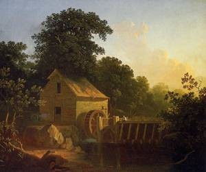 Oil landscape Painting - Landscape with Waterwheel and Boy Fishing 1853 by Bingham, George Caleb