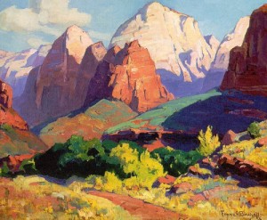 Oil Painting - Pinnacle Rock, Zion National Park in Utah  1928 by Bischoff, Franz