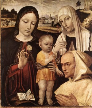 Oil madonna Painting - Madonna and Child, St Catherine and the Blessed Stefano Maconi c. 1490 by Borgognone, Ambrogio