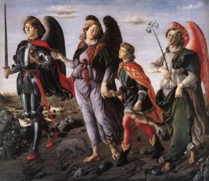 Oil Painting - The Three Archangels with Tobias  c. 1470 by Botticini, Francesco