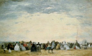Oil Painting - La Plage de Trouville c.1865 by Boudin, Eugene