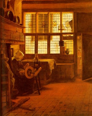 Oil Painting - Interior with a Woman at a Spinning Wheel, 1661 by Boursse, Esaias