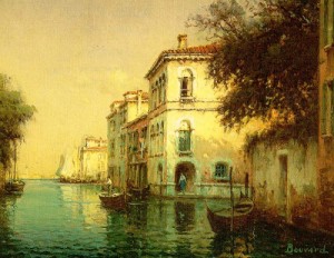 Oil canvas Painting - Venetian Lagoon, oil on canvas by Bouvard, Antoine