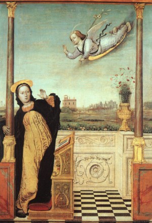 Oil braccesco, carlo di Painting - The Annunciation, central panel of a triptych, undated by Braccesco, Carlo di