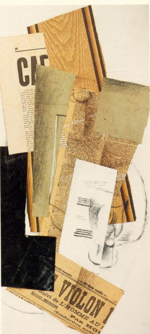 Oil braque, georges Painting - Glass, Carafe and Newspapers 1914 by Braque, Georges