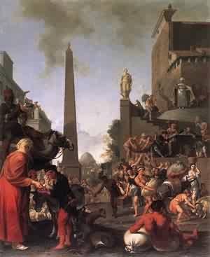 Oil Painting - Joseph Selling Wheat to the People 1655 by Breenbergh,Bartholomeus
