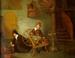 Oil Painting - Man Spinning & Woman Scraping Carrots, 1653-54 by Brekelenkam, Quirijn van