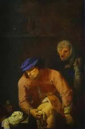 Oil Painting - Unpleasant Duties Of A Father by Brouwer, Adriaen