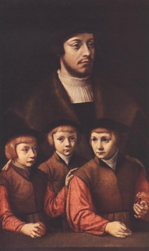 Oil bruyn, barthel Painting - Portrait of a Man with Three Sons  c. 1530 by Bruyn, Barthel