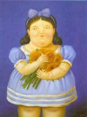 Oil botero,fernando Painting - Girl with flowers 1995 by Botero,Fernando