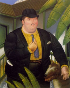 Oil botero,fernando Painting - Man with dog 1989 by Botero,Fernando