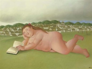 Oil botero,fernando Painting - Nude reading on the grass by Botero,Fernando