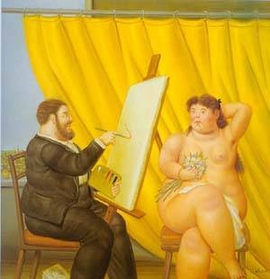 Oil botero,fernando Painting - Painter and his model 1995 by Botero,Fernando