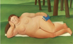 Oil nude Painting - Reclining Nude with book by Botero,Fernando
