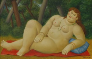 Oil botero,fernando Painting - Reclining Woman 1998 by Botero,Fernando