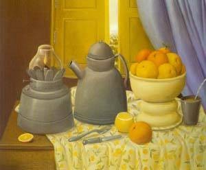 Oil botero,fernando Painting - Still life with lamp 1997 by Botero,Fernando
