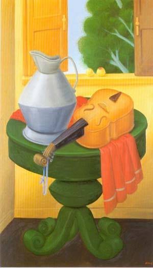 Oil botero,fernando Painting - Still life with violin 1999 by Botero,Fernando