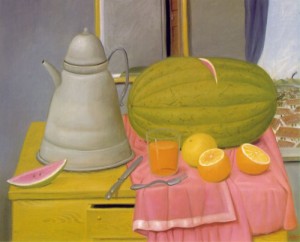 Oil botero,fernando Painting - Still life with watermelon 1992 by Botero,Fernando