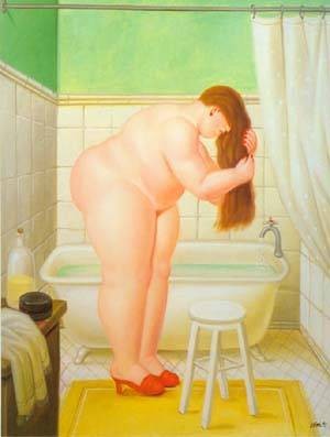 Oil botero,fernando Painting - The bathroom 1995 by Botero,Fernando