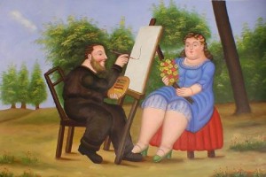 Oil botero,fernando Painting - The painter and his model by Botero,Fernando