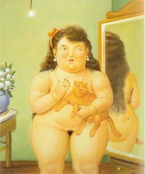 Oil woman Painting - Woman with a cat 1995 by Botero,Fernando