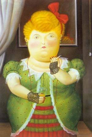 Oil woman Painting - Woman with a red bow 1990 by Botero,Fernando
