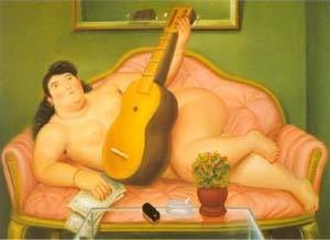 Oil botero,fernando Painting - Woman with guitar 1988 by Botero,Fernando