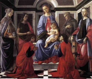 Oil botticelli,sandro Painting - Madonna and Child with Six Saints (Sant'Ambrogio Altarpiece)c 1470 by Botticelli,Sandro