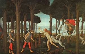 Oil botticelli,sandro Painting - The Story of Nastagio degli Onesti (first episode)  c.1483 by Botticelli,Sandro