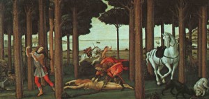 Oil botticelli,sandro Painting - The Story of Nastagio degli Onesti (second episode) c.1483 by Botticelli,Sandro