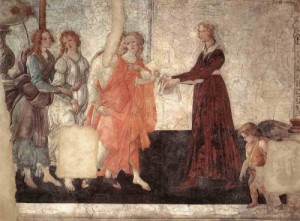 Oil woman Painting - Venus and the Three Graces Presenting Gifts to a Young Woman c.1484 by Botticelli,Sandro