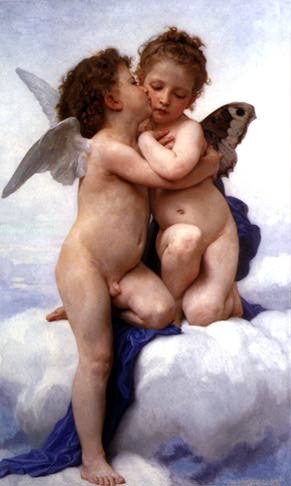 Oil bouguereau,william Painting - The First Kiss（LAmour et Psyche enfants） 1873 by Bouguereau,William