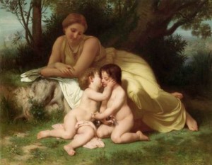 Oil woman Painting - Young Woman Contemplating Two Embracing Children by Bouguereau,William