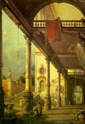 Oil the Painting - A Colonnade opening onto the Courtyard of a Palace by Canaletto