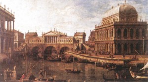 Oil the Painting - A Palladian Design for the Rialto Bridge, with Buildings at Vicenza  1740s by Canaletto