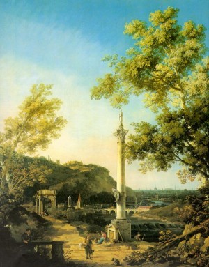 Oil landscape Painting - Capriccio River Landscape with a Column,a Ruined Roman Arch and Reminiscences of England by Canaletto