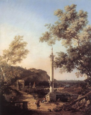 Oil landscape Painting - Capriccio River Landscape with a Column c. 1754 by Canaletto