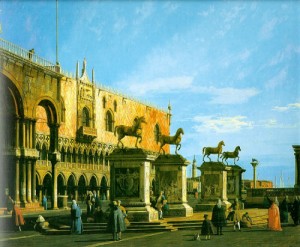 Oil canaletto Painting - Capriccio The Horses of San Marco in the Piazzetta 1743 by Canaletto