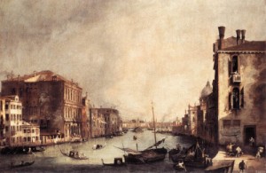 Oil the Painting - Grand Canal Looking North East toward the Rialto Bridge (detail)  -c 1725 by Canaletto